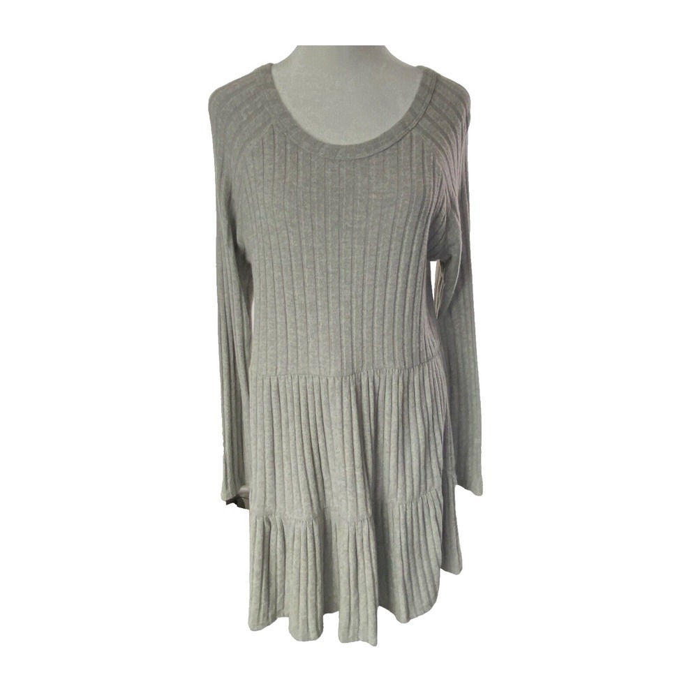 VINE and VALLEY Women Knit Fit Flare Rib Tiered Stretchy Dress Sz L Gray 35-9